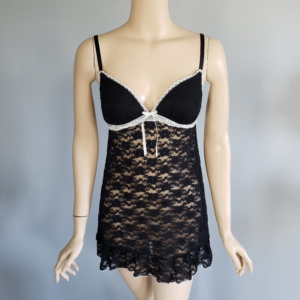 Gilligan & O'Malley Black Coquette Lace Babydoll Chemise Lingerie Sleepwear